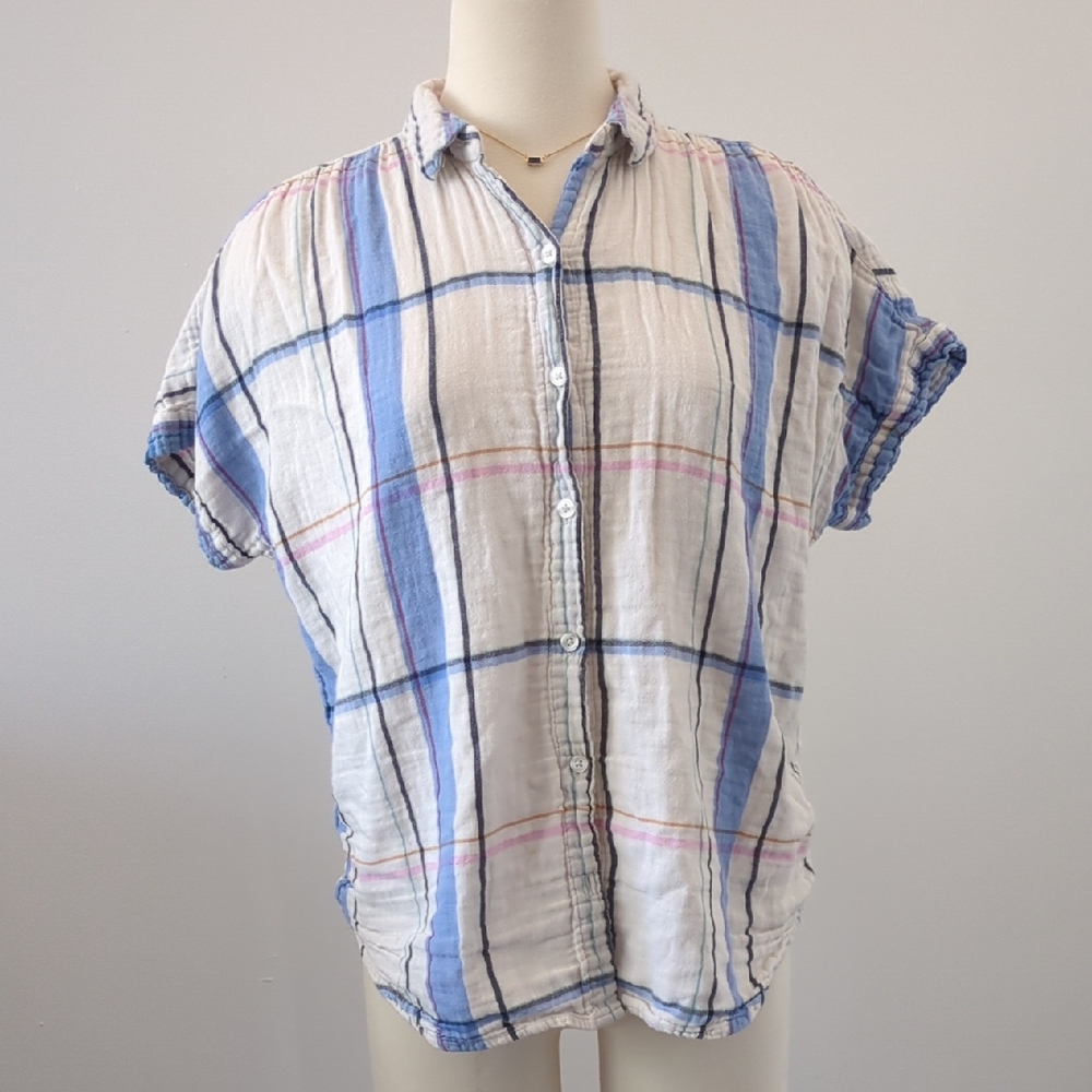 Motherhood Maternity Blue and Pink Plaid Button Down Shirt Sleeve Shirt